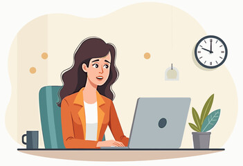 A woman in an orange blazer is working on a laptop at her desk, with a potted plant and a clock on the wall behind her. Flat vector illustration