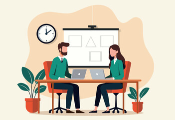 Two people, a man and a woman, are sitting at a table in an office, working on their laptops. Flat vector illustration