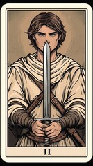 The Page of Swords tarot card, a young and curious figure holding a sword, symbolizing intelligence, vigilance, and new ideas, crisp and dynamically posed