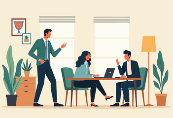 In the image, a man and a woman are engaged in a discussion at a desk, with a laptop open in front of them, suggesting they are working or collaborating on a project. Flat vector illustration