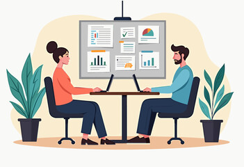 Two people are working on laptops in front of a presentation board displaying various charts and graphs. Flat vector illustration