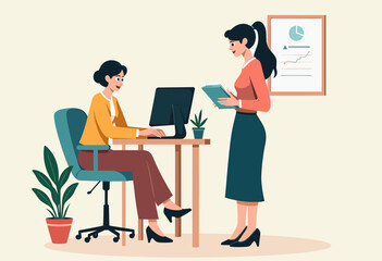 Two women are working in an office setting, with one sitting at a desk using a computer and the other standing nearby, holding a folder. Flat vector illustration