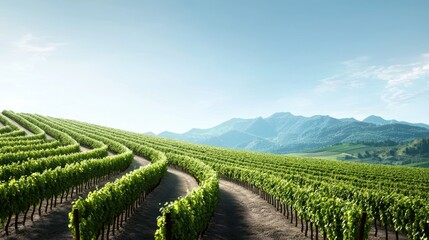 Lush vineyard landscape with winding rows and distant mountains.