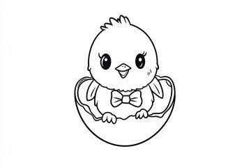 Tiny chick popping out of an eggshell, wearing a bowtie. Cute Cartoon Character Design and Computer Game. Coloring Book Outline Set.