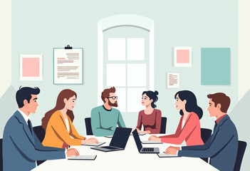 The image depicts a group of six people, including four men and two women, sitting around a table in a meeting room. Flat vector illustration