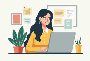 A woman in a yellow blouse is working on a laptop at her desk, surrounded by a potted plant and a bulletin board with papers. Flat vector illustration