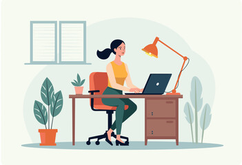 A woman is working on a laptop at a desk in a home office, surrounded by plants and a lamp. Flat vector illustration