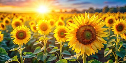 Obraz premium Sun-drenched sunflowers, vibrant yellow blooms stretch to the horizon. A summer landscape, sharply focused.