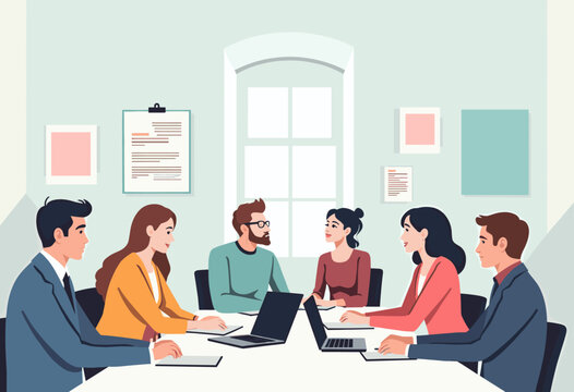 The image depicts a group of six people, including four men and two women, sitting around a table in a meeting room. Flat vector illustration