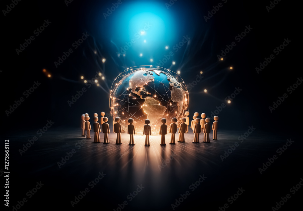 Leinwandbilder A group of symbolic figures encircles a glowing globe, illuminated by radiating light streams suggesting worldwide connection and networking against a dark backdrop.