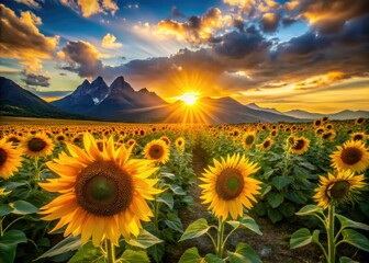 Fototapeta premium Sunflowers silhouette a vibrant sunset, framed by a majestic mountain range in an urban exploration photography masterpiece.