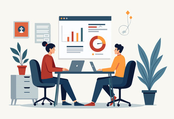 Two people are working on laptops at a table in an office setting, surrounded by plants and a large screen displaying graphs and charts. Flat vector illustration
