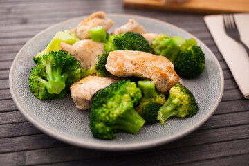 Chicken breast with broccoli on plate for healthy breakfast