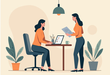 Two women are working in an office setting, with one sitting at a desk using a laptop and the other standing nearby, holding a document. Flat vector illustration