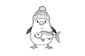 Penguin holding a fish, wearing a tiny winter hat. Cute Cartoon Character Design and Computer Game. Coloring Book Outline Set.