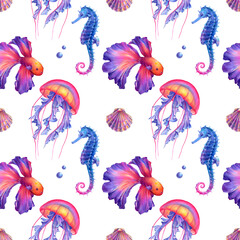 Watercolor marine seamless pattern with fish, jellyfish, shells, seahorse © Iuliia