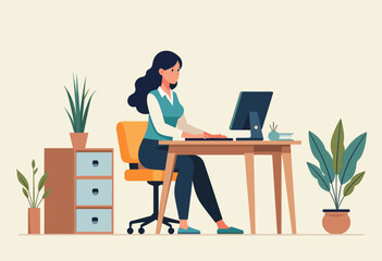 A woman is sitting at a desk, working on a computer with a keyboard and mouse. Flat vector illustration