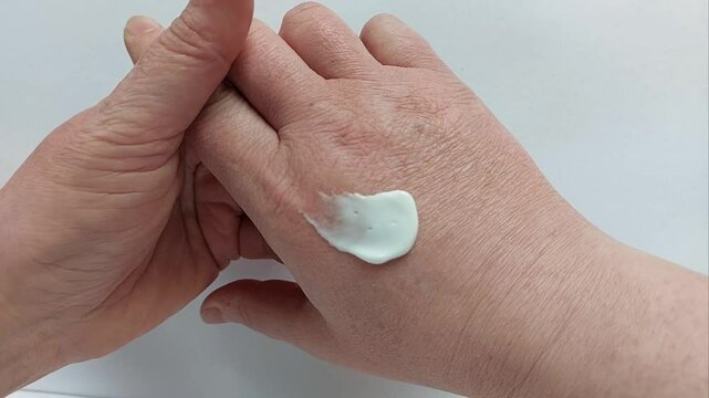 Applying Moisturizing Cream to Severely Dry, Cracked, and Irritated Hand Skin for Relief and Hydration. Hand Care Routine