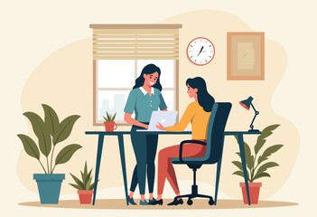 Two women are working together at a desk in an office setting, with a laptop and a clock on the wall. Flat vector illustration