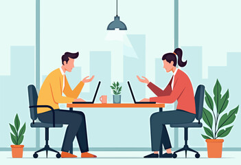Two people are working on their laptops in an office setting, with a cityscape visible through a window behind them. Flat vector illustration