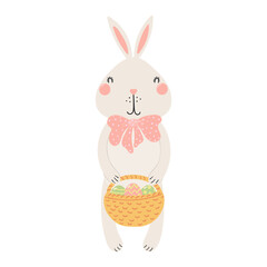 Cute bunny holding basket of Easter eggs character illustration. Hand drawn flat style design, isolated vector. Holiday clip art, kids print element, seasonal card, banner, poster