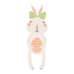 Cute bunny, little rabbit holding Easter egg character illustration. Hand drawn flat style design, isolated vector. Holiday clip art, kids print element, seasonal card, banner, poster