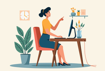 A woman is working at her desk, typing on a computer and pointing to something on the screen. Flat vector illustration