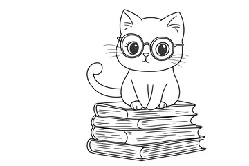 Kitten wearing oversized glasses, sitting on a stack of books. Cute Cartoon Character Design and Computer Game. Coloring Book Outline Set.
