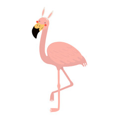 Cute flamingo with Easter bunny ears character illustration. Hand drawn flat style design, isolated vector. Holiday clip art, kids print element, seasonal card, banner, poster