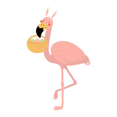 Cute flamingo with bunny ears, holding Easter eggs in basket character illustration. Hand drawn flat style design, isolated vector. Holiday clip art, kids print element, seasonal card, banner, poster