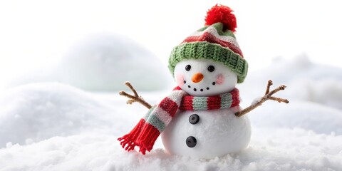 Fototapeta premium Snowman in Winter Hat and Scarf on White Background