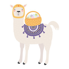 Cute llama in chick hat, carrying Easter eggs in basket character illustration. Hand drawn flat style design, isolated vector. Holiday clip art, kids print element, seasonal card, banner, poster