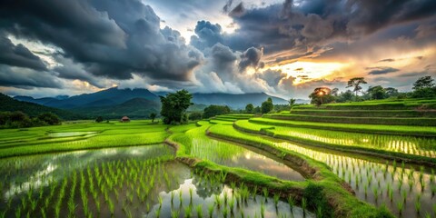 Thailand's lush rice paddies gleam under a dramatic, long-exposure cloudscape; stunning rainy season beauty.