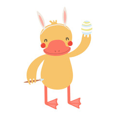 Cute duck with bunny ears, painting Easter eggs in basket character illustration. Hand drawn flat style design, isolated vector. Holiday clip art, kids print element, seasonal card, banner, poster