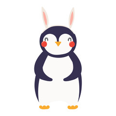 Cute penguin with Easter bunny ears character illustration. Hand drawn flat style design, isolated vector. Holiday clip art, kids print element, seasonal card, banner, poster
