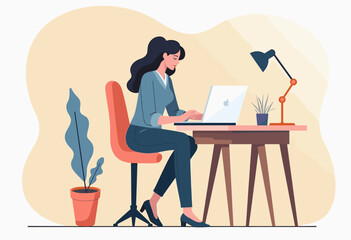 A woman is working on a laptop at a desk, with a potted plant and a lamp nearby, in a comfortable home office setting. Flat vector illustration