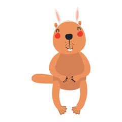 Cute beaver with Easter bunny ears character illustration. Hand drawn flat style design, isolated vector. Holiday clip art, kids print element, seasonal card, banner, poster