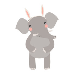 Cute elephant with Easter bunny ears character illustration. Hand drawn flat style design, isolated vector. Holiday clip art, kids print element, seasonal card, banner, poster