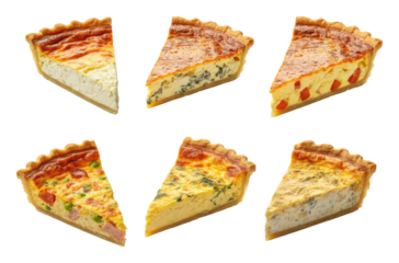 Six slices of various quiches displaying different fillings on transparent background