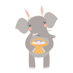 Cute elephant with bunny ears, holding Easter eggs in basket character illustration. Hand drawn flat style design, isolated vector. Holiday clip art, kids print element, seasonal card, banner, poster