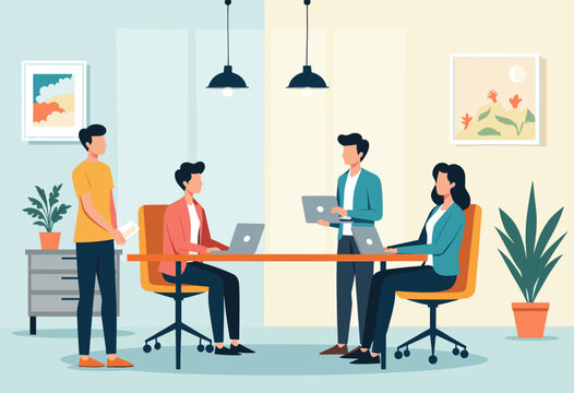In the image, a group of four people are gathered in a modern office setting, engaged in a meeting or discussion. Flat vector illustration