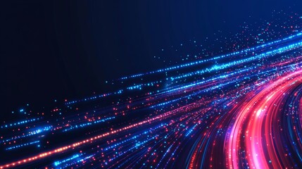 Obraz premium Abstract background with binary code and data flow in blue, pink, and yellow colors on a dark blue background. 