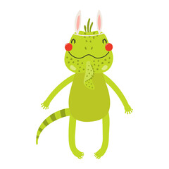 Cute iguana with Easter bunny ears character illustration. Hand drawn flat style design, isolated vector. Holiday clip art, kids print element, seasonal card, banner, poster