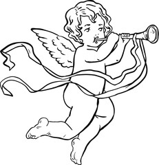 Angel cherub cute baby with ribbon and wings line art illustration.