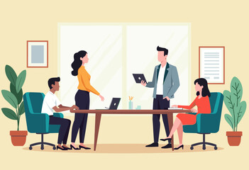 In the image, a group of four people are working together in an office setting. Flat vector illustration