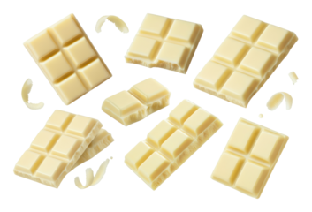 Various pieces of white chocolate displayed on transparent background