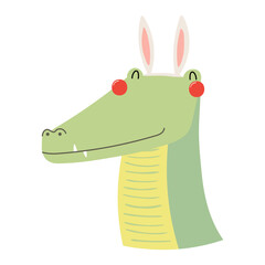 Cute crocodile face with Easter bunny ears character illustration. Hand drawn flat style design, isolated vector. Holiday clip art, seasonal card, banner, poster, kids print element