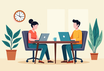 Two people are working on their laptops in an office setting, with a clock on the wall and potted plants nearby. Flat vector illustration