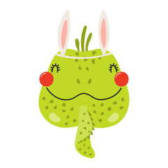 Cute iguana face with Easter bunny ears character illustration. Hand drawn flat style design, isolated vector. Holiday clip art, seasonal card, banner, poster, kids print element