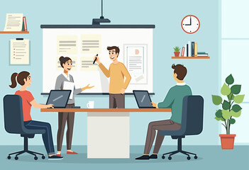 A group of people are working together in a meeting room, with laptops on the table and a presentation board in the background. Flat vector illustration